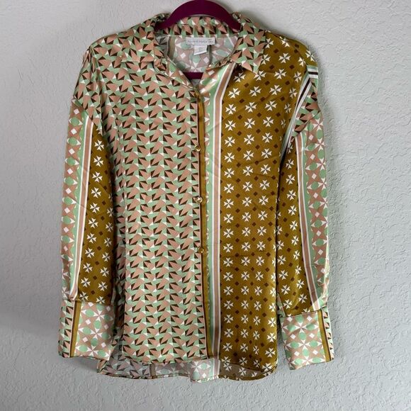House of Harlow 1960 Art Deco Retro Mixed Print Satin Button Front Long Sleeve - Picture 1 of 11